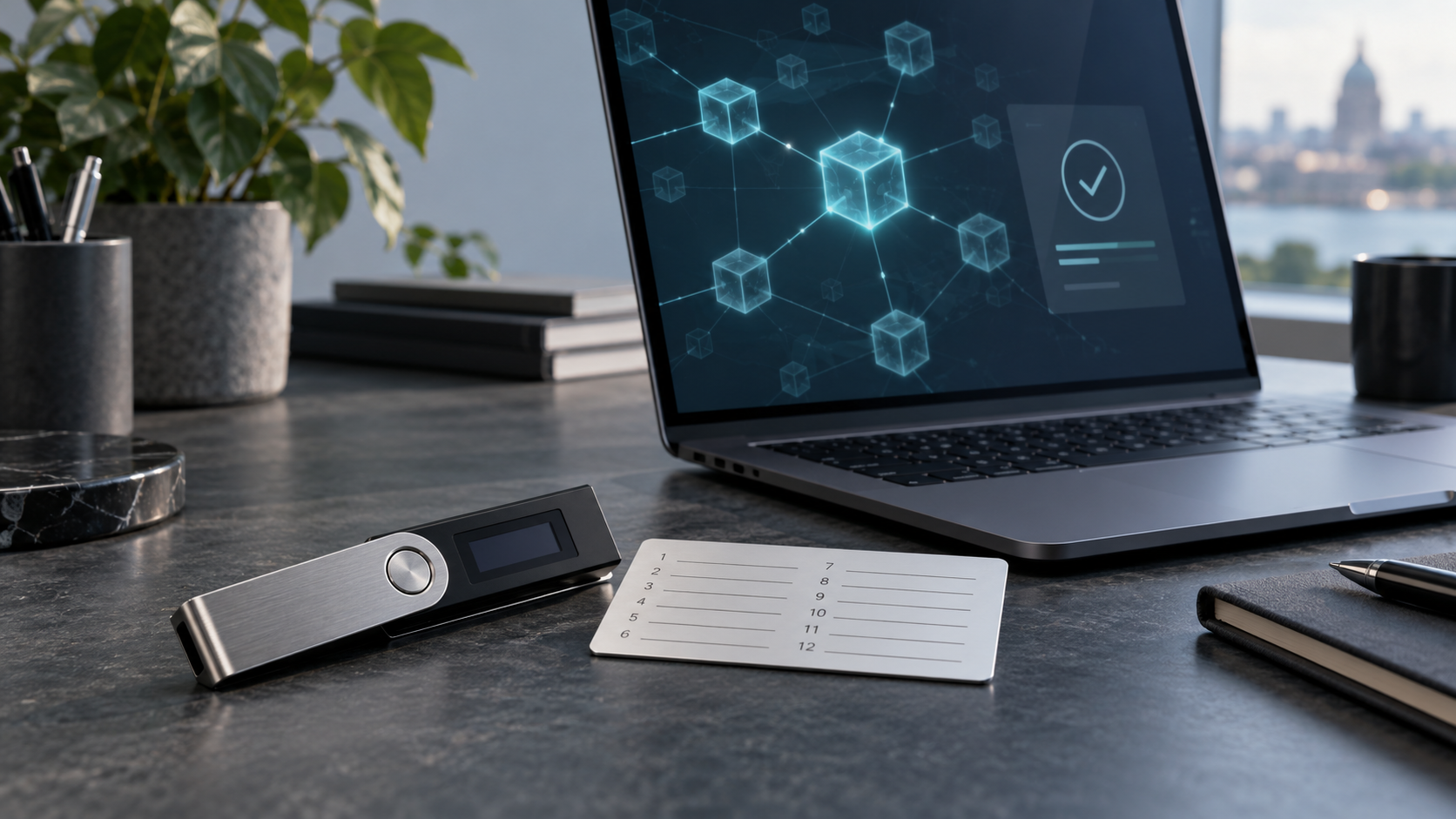 A hardware wallet and blockchain transaction display illustrating private-key protection
