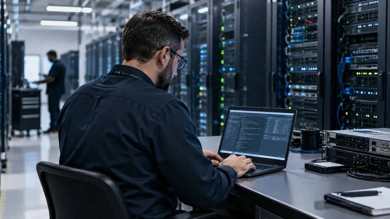 Illustrative photo of an IT specialist reviewing cloud infrastructure configuration