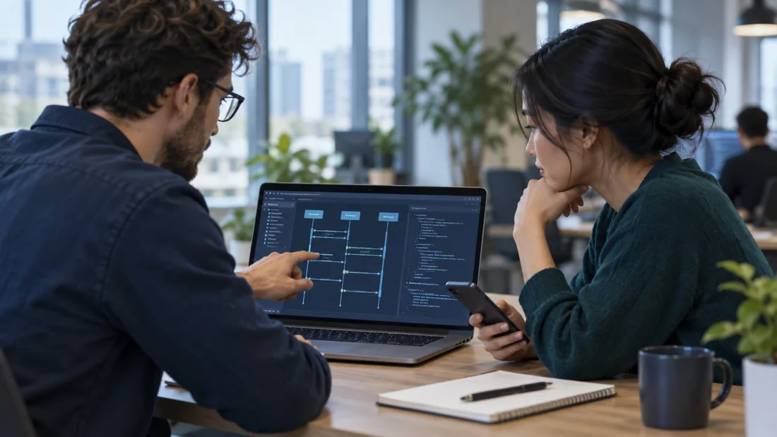 Illustrative photo of engineers reviewing mobile application API flows