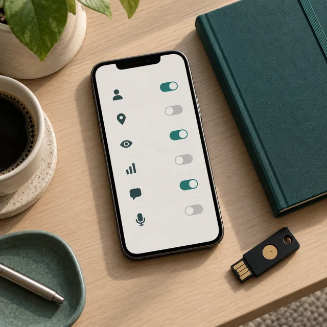 Illustrative photo of smartphone privacy settings and a security key
