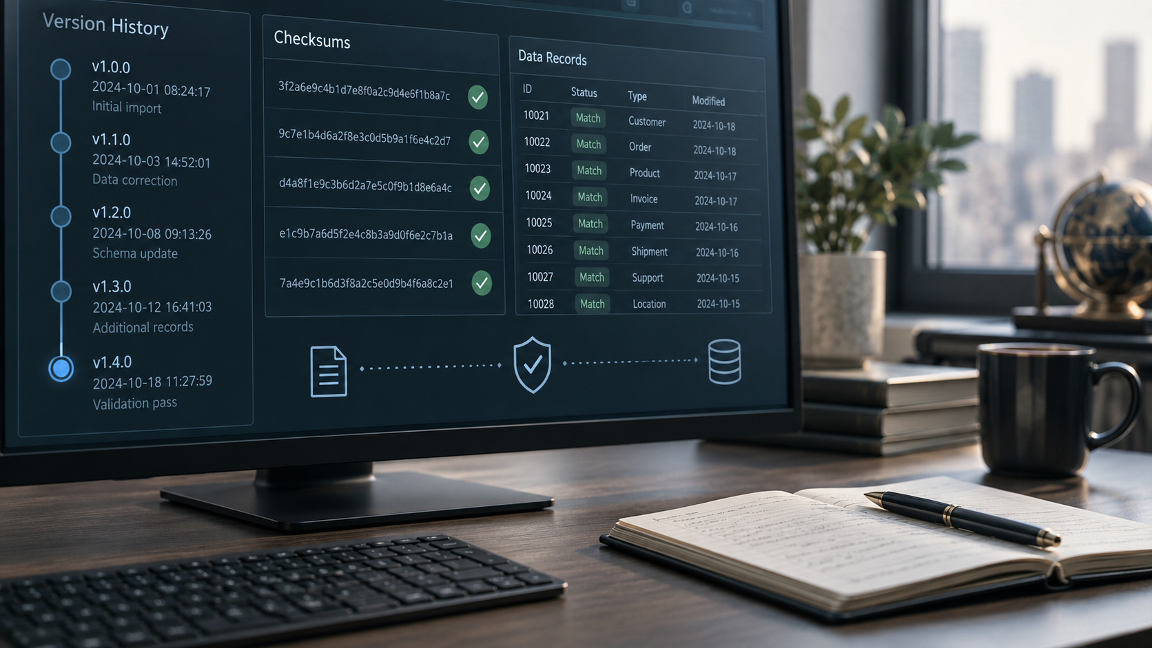 Security findings and verification records on a review desk